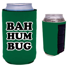 Load image into Gallery viewer, kelly green magnetic can koozie with bah hum bug text design