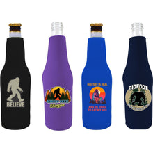 Load image into Gallery viewer, four beer bottle koozies with bigfoot funny printed designs