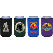 Load image into Gallery viewer, four can koozies with funny bigfoot printed designs