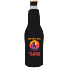 Load image into Gallery viewer, 12oz. neoprene beer bottle koozie with zipper closure and "Bigfoot is Real.." graphic printed on opposite side.