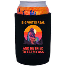 Load image into Gallery viewer, 12oz. neoprene, full bottom can koozie with "Bigfoot is Real.." graphic printed on one side.