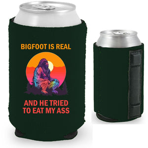 12oz. collapsible, neoprene can koozie with strong magnets sewn into one side and "Bigfoot is Real.." graphic printed on opposite side.