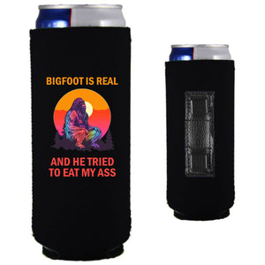 12oz. collapsible, neoprene, slim can koozie with strong magnets sewn into one side and "Bigfoot is Real.." graphic printed on the opposite. 