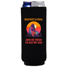 Load image into Gallery viewer, 12oz. collapsible, neoprene, slim can koozie with "Bigfoot is Real.." graphic printed on one side