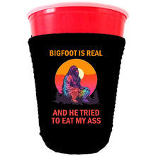 Load image into Gallery viewer, collapsible, neoprene solo cup koozie with "Bigfoot is Real.."graphic printed on one side