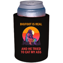 Load image into Gallery viewer, 12oz. thick foam can koozie with "Bigfoot is Real.." graphic printed on one side