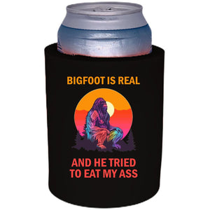 12oz. thick foam can koozie with "Bigfoot is Real.." graphic printed on one side