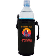 Load image into Gallery viewer, neoprene water bottle koozie with drawstring closure and "Bigfoot is Real.." graphic printed on one side.