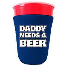 Load image into Gallery viewer, royal blue solo cup koozie with daddy needs a beer text design