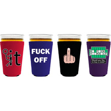 Load image into Gallery viewer, Four pint glass koozies with funny fuck related printed designs