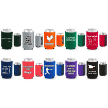 Load image into Gallery viewer, Ten magnetic can koozies with funny joke prints