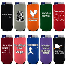 Load image into Gallery viewer, Ten slim can koozies with funny joke prints