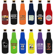 Load image into Gallery viewer, Twelve beer bottle koozies with funny beer joke prints