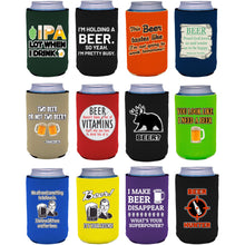 Load image into Gallery viewer, Twelve can koozies with funny beer joke designs printed