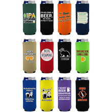 Load image into Gallery viewer, Twelve slim can koozies with funny beer joke prints