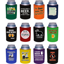 Load image into Gallery viewer, Twelve thick foam old school can koozies with funny beer joke prints