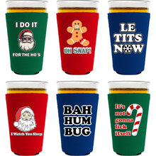 Load image into Gallery viewer, Six pint glass koozies with funny christmas related prints