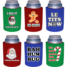 Load image into Gallery viewer, Six thick foam old school can koozies with funny christmas prints