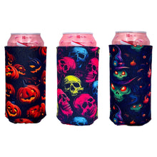 Load image into Gallery viewer, three 16 ounce can koozies with halloween pattern all over prints