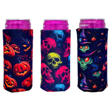 Load image into Gallery viewer, three slim can koozies with halloween pattern prints