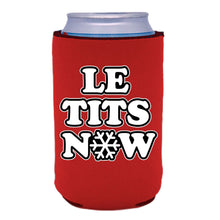 Load image into Gallery viewer, red can koozie with "le tits now" text design