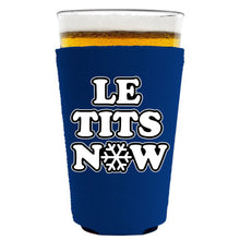 Load image into Gallery viewer, royal blue pint glass koozie with "le tits now" text design