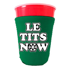 Load image into Gallery viewer, kelly green solo cup koozie with "le tits now" text design