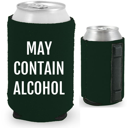 12oz. collapsible neoprene can koozie with strong magnets sewn into one side and may contain alcohol graphic printed on the opposite.