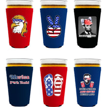 Load image into Gallery viewer, six pint glass koozies with funny patriotic designs