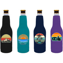 Load image into Gallery viewer, 4 beer bottle koozies with retro designs in black turquoise navy and purple