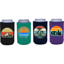 Load image into Gallery viewer, can koozie 4 pack with retro designs on black turquoise navy and purple