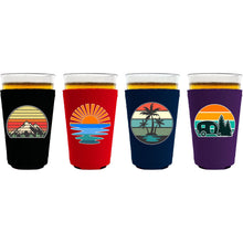 Load image into Gallery viewer, 4 pint glass koozies with retro designs on black red navy and purple