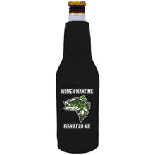 Load image into Gallery viewer, 12 oz. neoprene bottle koozie with zipper on one side and Women want me fish fear me graphic printed on opposite side.