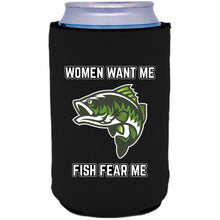 Load image into Gallery viewer, 12oz. collapsible neoprene can Koozie with women want me fish fear me graphic printed on one side.