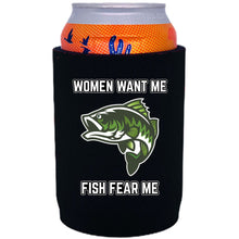 Load image into Gallery viewer, 12oz. neoprene full bottom can koozie with women want me fish fear me graphic printed on one side.