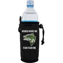 Load image into Gallery viewer, neoprene water bottle koozie with women want me fish fear me graphic printed on one side.