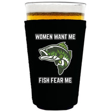 Load image into Gallery viewer, collapsible neoprene 16oz. pint glass Koozie with women want me fish fear me graphic printed on one side.