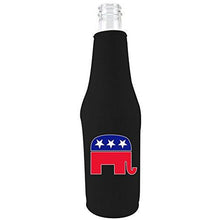 Load image into Gallery viewer, black beer bottle koozie with republican party logo design
