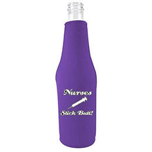 Load image into Gallery viewer, beer bottle koozie with nurses stick butt design