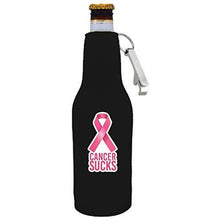 Load image into Gallery viewer, black beer bottle koozie with opener and cancer sucks text with pink ribbon graphic