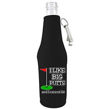 Load image into Gallery viewer, black zipper beer bottle koozie with i like big putts and i cannot lie design