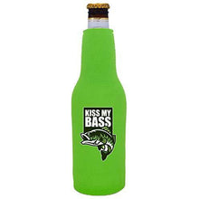 Load image into Gallery viewer, neon green beer bottle koozie with "kiss my bass" funny text and bass fish graphic