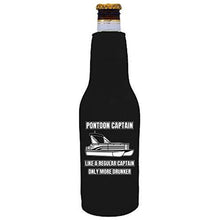 Load image into Gallery viewer, black beer bottle koozie with "pontoon captain, like a regular captain only more drunker" funny text design