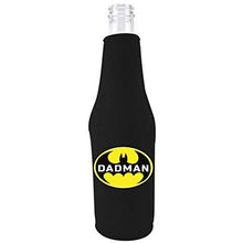Load image into Gallery viewer, black zipper beer bottle koozie with dadman design