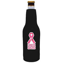 Load image into Gallery viewer, black beer bottle koozie with cancer sucks and pink ribbon design