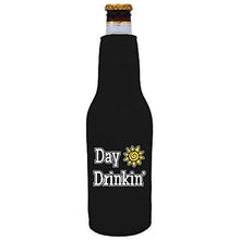 Load image into Gallery viewer, black beer bottle koozie with “day drinkin” funny text design
