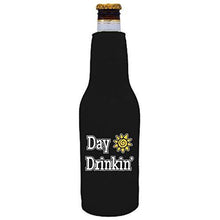 Load image into Gallery viewer, black beer bottle koozie with “day drinkin” funny text design