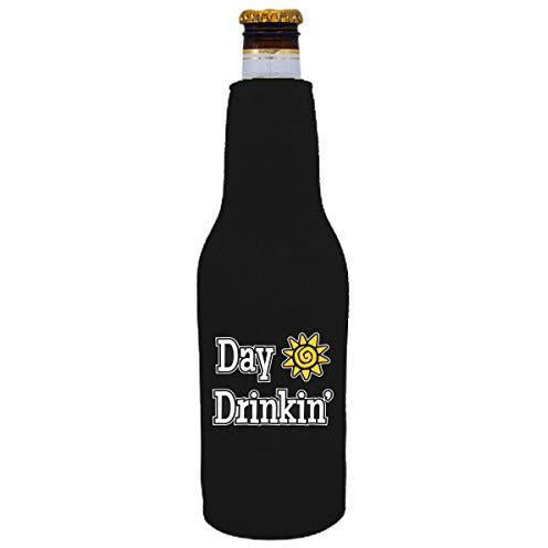 black beer bottle koozie with “day drinkin” funny text design
