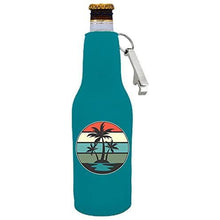 Load image into Gallery viewer, Retro Palm Trees Beer Bottle Coolie with Opener Attached