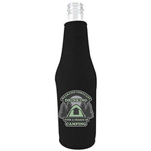 Load image into Gallery viewer, black zipper beer bottle koozie with weeked forecast drinking with a chance of camping